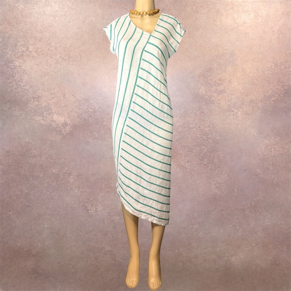 Tahari Linen Blend Striped Midi Dress XS | Asymmetric Stripe | Resort Coastal